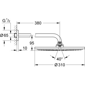 Technische Zeichnung: Grohe Rainshower Cosmopolitan 310 Kopfbrause-Set, Cool Sunrise gebürstet, mit Maßen.