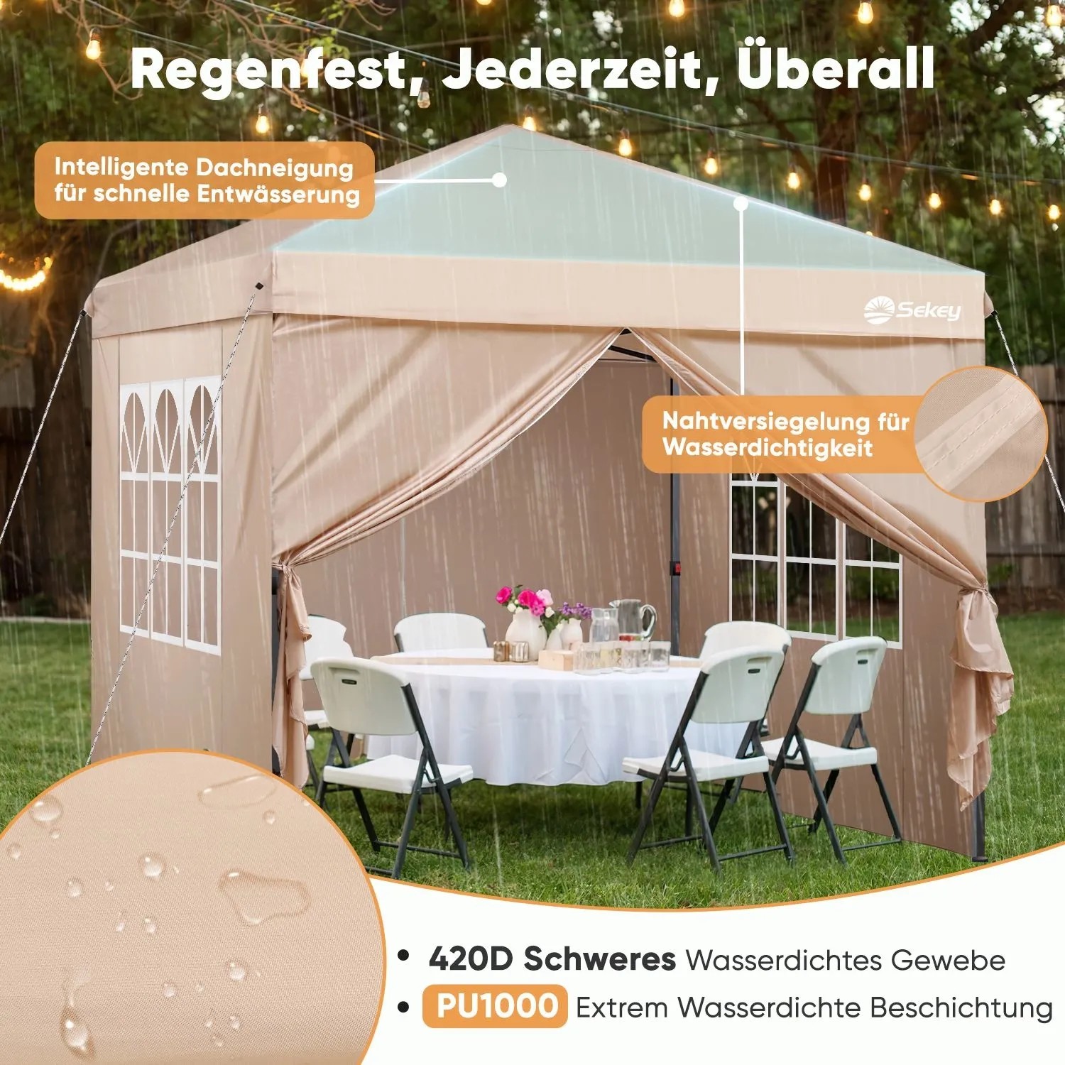 Khaki Sekey Pop Up Pavillon 3x3 im Regen, mit Seitenteilen und Tisch. Wasserdichtes Oxford-Gewebe für Garten & Outdoor-Schutz.