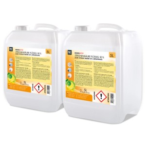 Zwei Kanister Höfer Chemie Zitronensäure 50% Flüssig, je 5l, für Reinigung und Entkalkung.