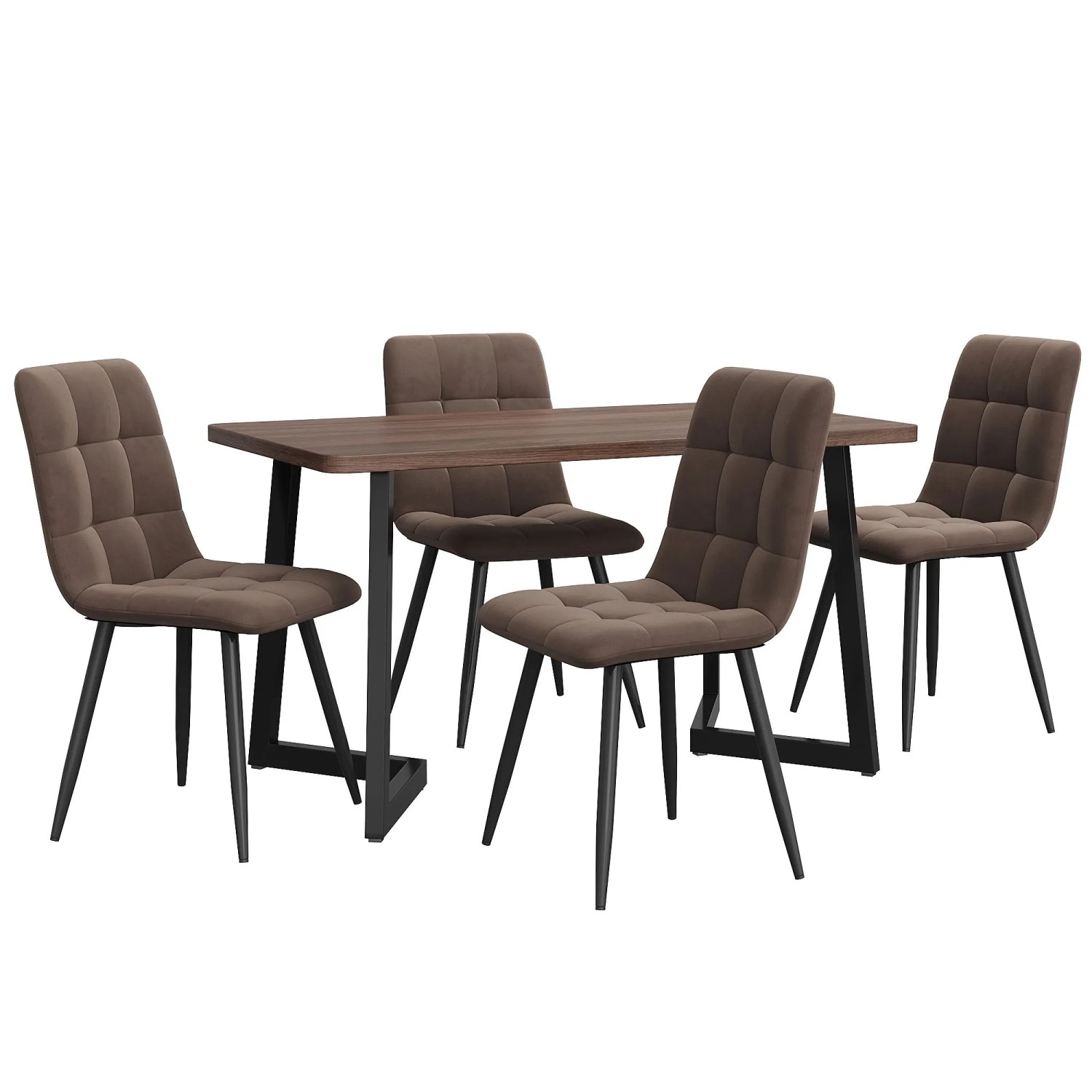 Merax Essgruppe 5-tlg mit Esstisch Holzoptik  4 Samtstühle Braun  MDF Walnuss  Metallbeine Schwarz