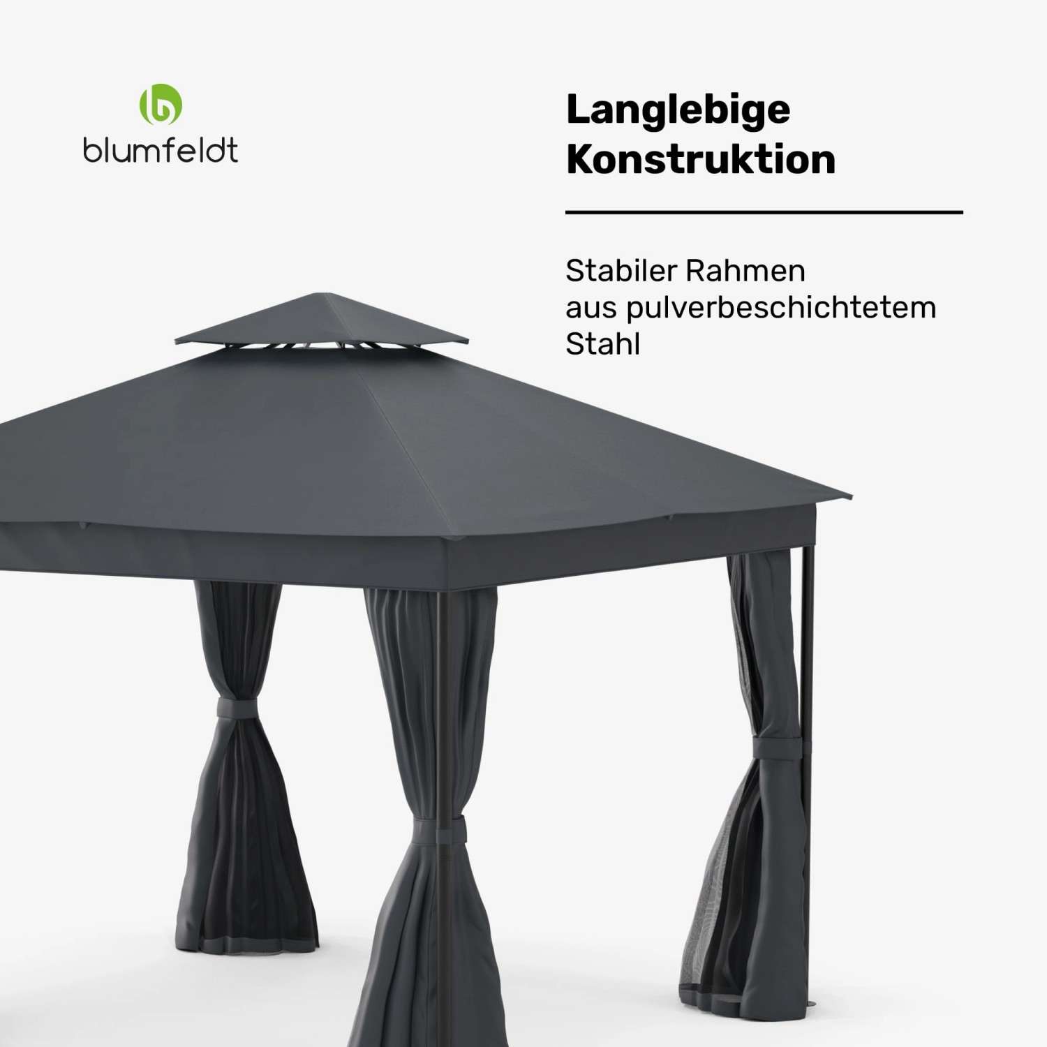 Dunkelgrauer Blumfeldt Mondo Dual Pavillon 3x3 m mit Doppeldach und Moskitonetzen.