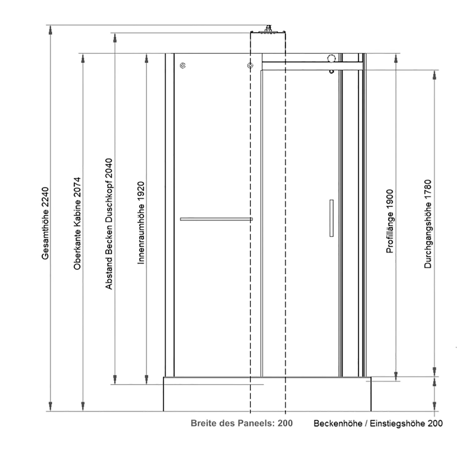 Technische Zeichnung der schwarzen Schulte Komplettduschkabine Korsika 120x80x220 cm mit Maßangaben.