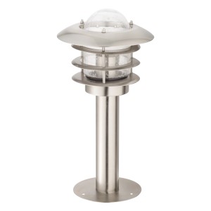 Moderne Außensockelleuchte Calprese aus Edelstahl mit Blasenglas, ca. 40 cm hoch.