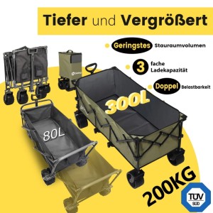 Sekey Bollerwagen XXXL, olivgrün, faltbar, 200kg Tragkraft, 300L Volumen, verschiedene Ansichten.