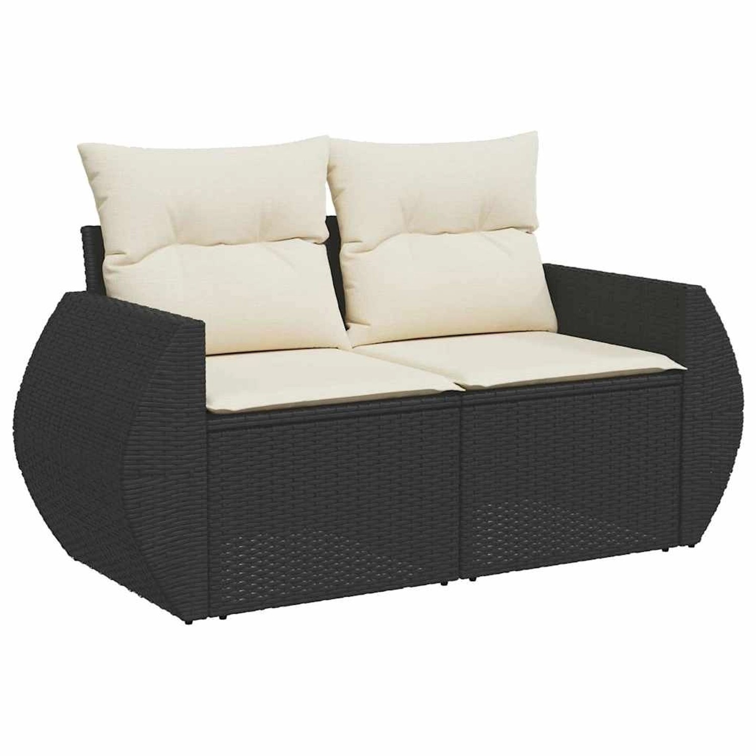 Schwarzes 2-Sitzer Gartensofa aus Polyrattan mit hellen Kissen, Teil eines vidaXL Gartenmöbel Sets.