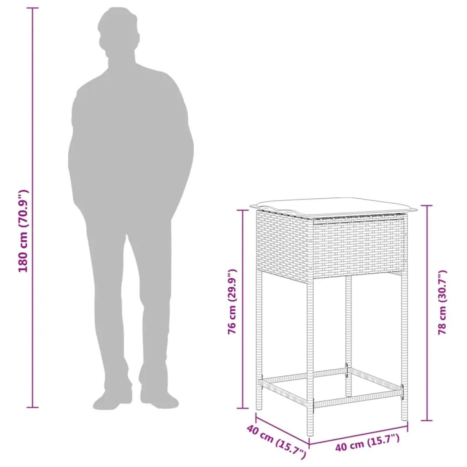 vidaXL Gartenbar-Set, 5-teilig, grau, Poly Rattan, mit Maßangaben.