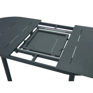 Ausziehbarer Gartentisch Lottys in Anthrazit, mit offenem Aluminium-Mechanismus und Klappeinlage.