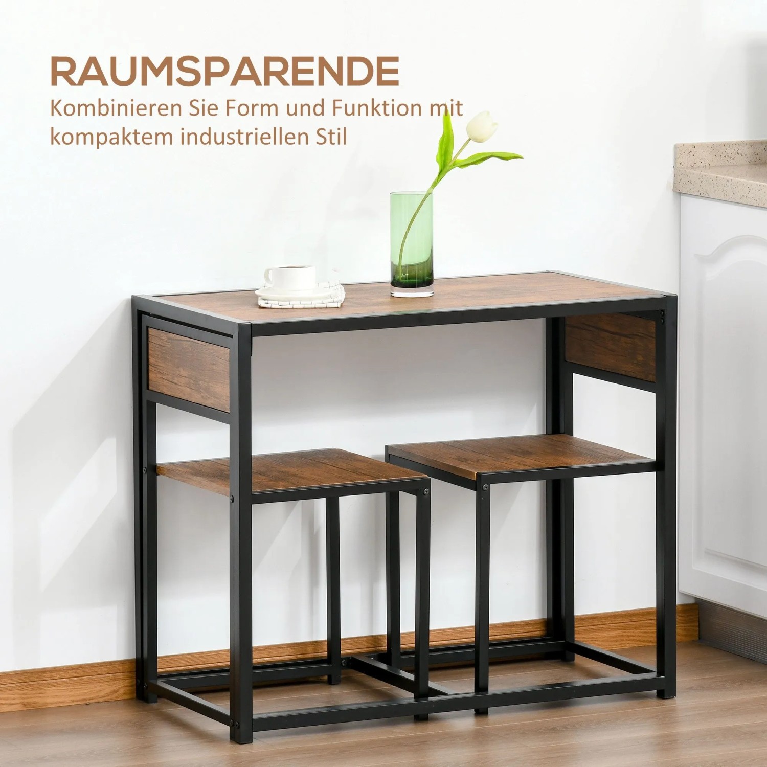 HOMCOM Essgruppe: Bartisch und zwei Hocker aus MDF in Naturholzoptik mit schwarzem Metallgestell, kompakt.