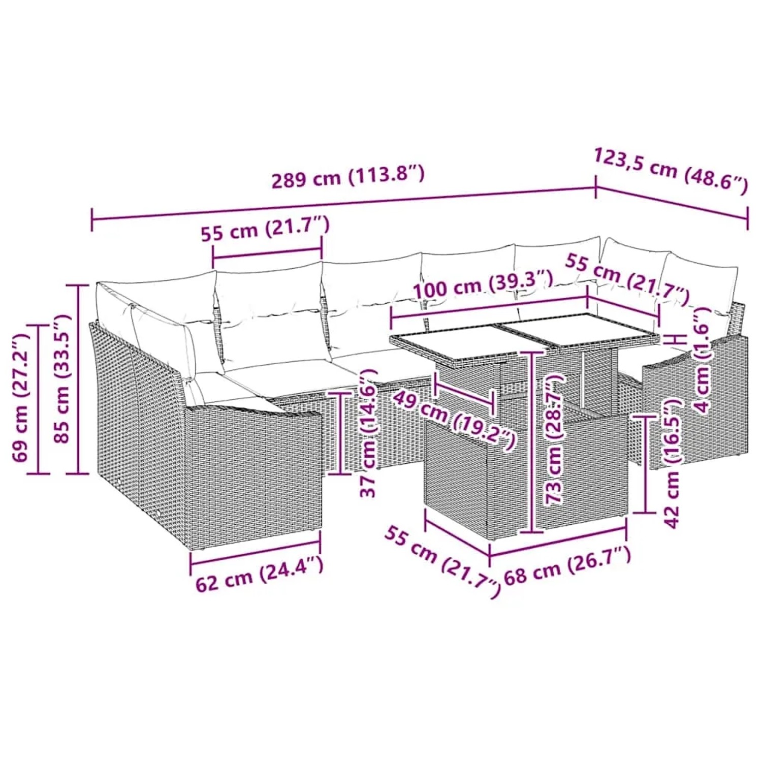 Graues 8-tlg. vidaXL Garten-Sofa-Set mit Stauraum aus Poly Rattan, inklusive Tisch mit Glasplatte. Abmessungen sichtbar.