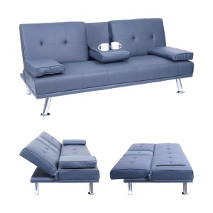 MCW 3er-Sofa F60 in Dunkelblau mit Kunstleder, Tassenhalter und Schlaffunktion.
