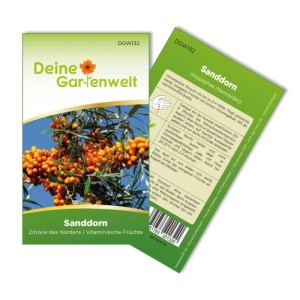 Sanddorn Samenpaket von Deine Gartenwelt mit Bild von orangefarbenen Beeren am Strauch. Für ca. 20 Pflanzen.