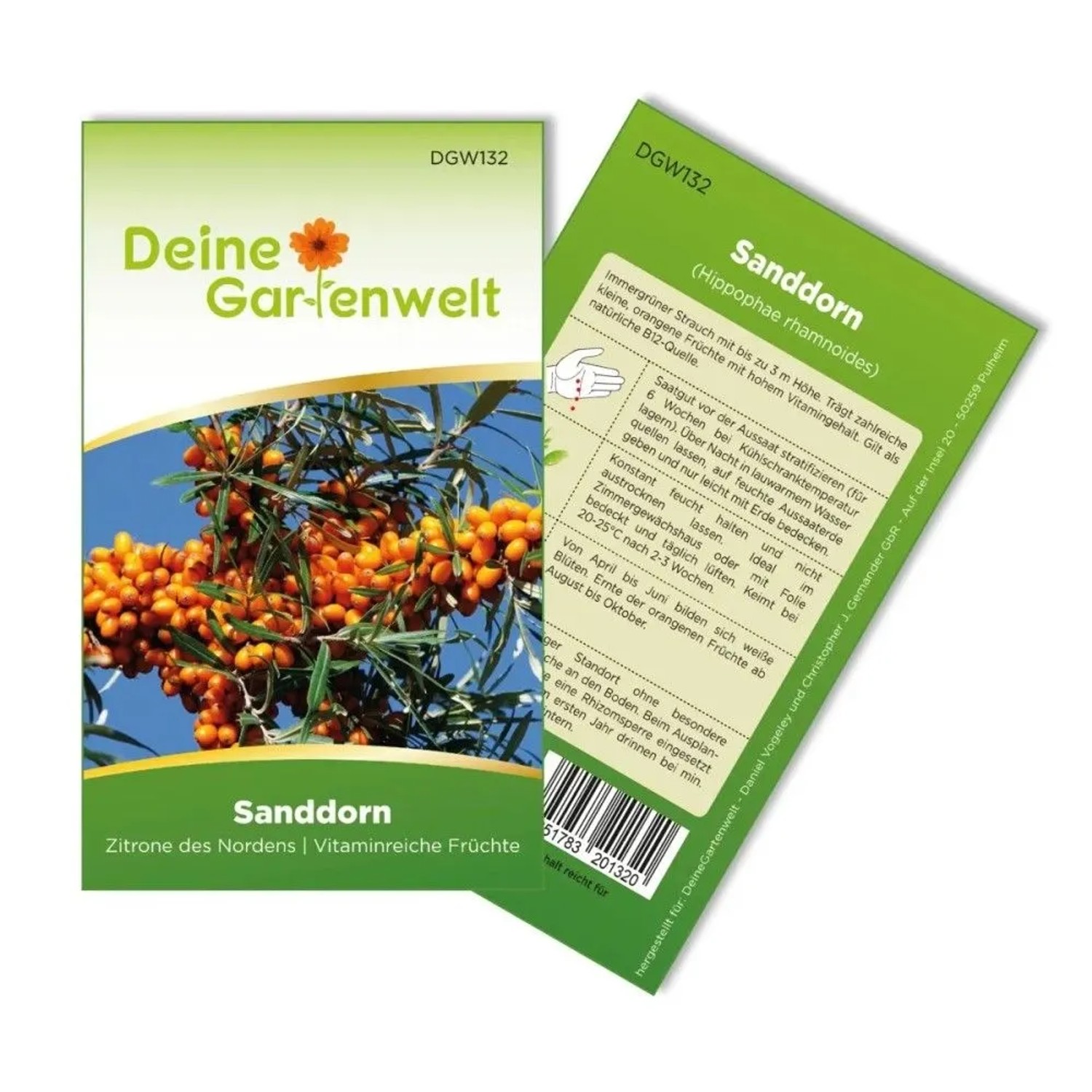 Sanddorn Samenpaket von Deine Gartenwelt mit Bild von orangefarbenen Beeren am Strauch. Für ca. 20 Pflanzen.