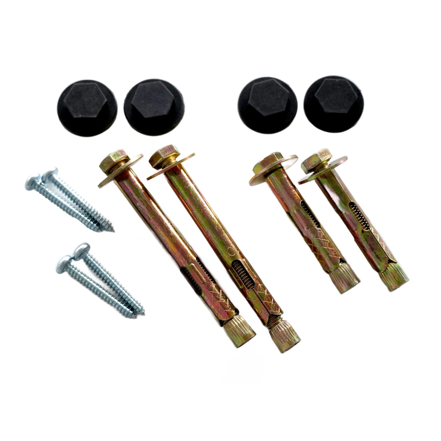 Montagematerial für Gutta Pultvordach ECO: Schrauben, Dübel und Abdeckkappen.