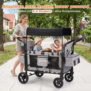 Sekey Faltbarer Bollerwagen für 4 Kinder Kinderwagen mit 4 Integrierten 5-Punkt-Gurtsystem Schwarz
