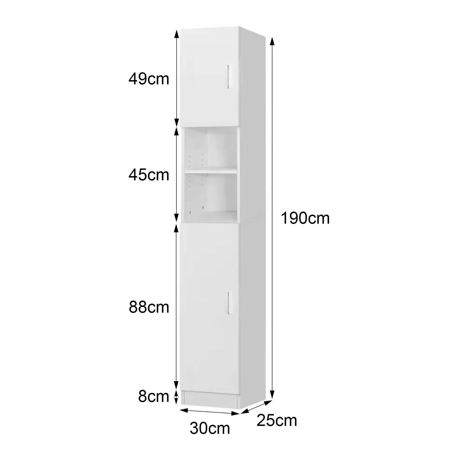 Weißer ML-Design Badezimmerschrank Hochschrank, 30x190x25 cm, mit Türen und Regalfächern.