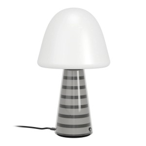 Eglo LED-Tischleuchte Pulse. Pilzform, weiße Haube, grauer Sockel mit schwarzen Streifen. RGB, dimmbar, Musiksensor.