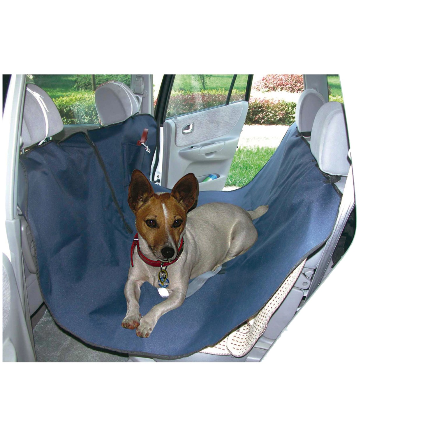 Blaue Heim Hunde-Autoschondecke 140x150 cm mit Hund im Auto.