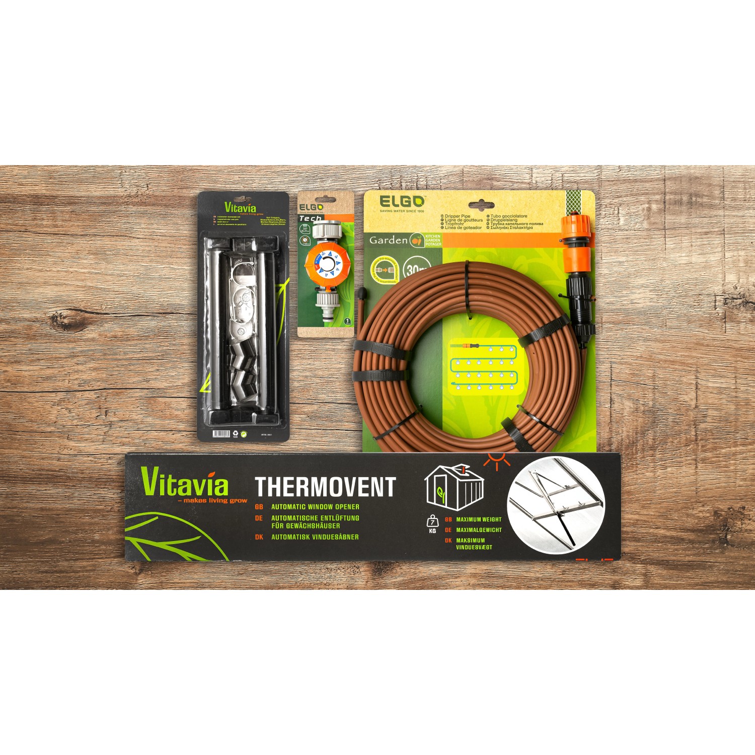 Vitavia Gewächshaus Meridian 1 Zubehörset: Thermovent, Bewässerungsuhr, Tropfschlauch, Regenfallrohr.