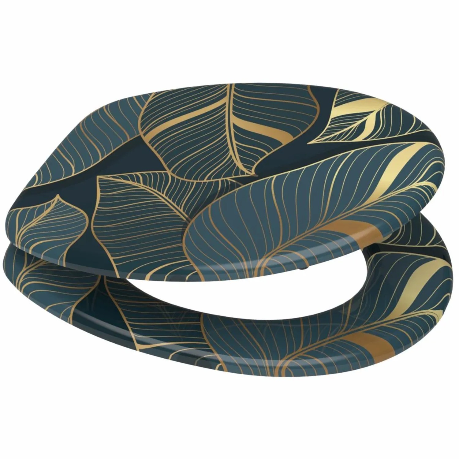 SANILO WC-Sitz aus Holz mit Monstera-Blatt Design in Dunkelblau und Gold.