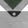 Detailaufnahme: Grau-grüne WOLTU Abdeckplane, wasserdicht, mit Öse und Wassertropfen.
