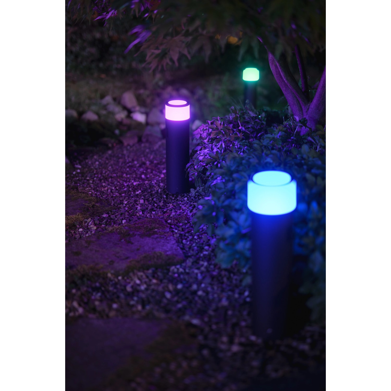 Philips Hue Calla Sockelleuchte im Garten mit farbigem Licht.