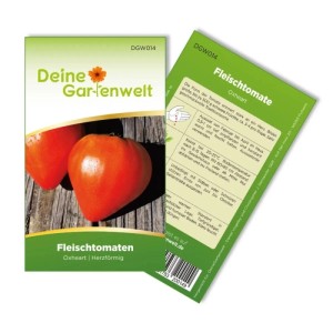 Deine Gartenwelt Fleischtomate Oxheart Samenpackung. Grüne Packung mit Abbildung roter, herzförmiger Ochsenherz-Tomaten.