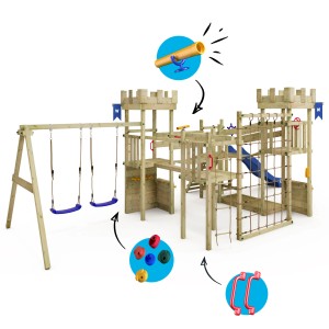 Wickey Spielturm Smart Arch mit Rutsche in Pastellgrün, mit Schaukel, Kletterwand und Rutsche.