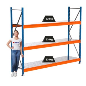 PROREGAL Weitspannregal MAXIMUS PRO Grundregal, 200x250x60cm, blau/orange, mit 3 Stahlplatten-Fachböden (je 530kg Fachlast).