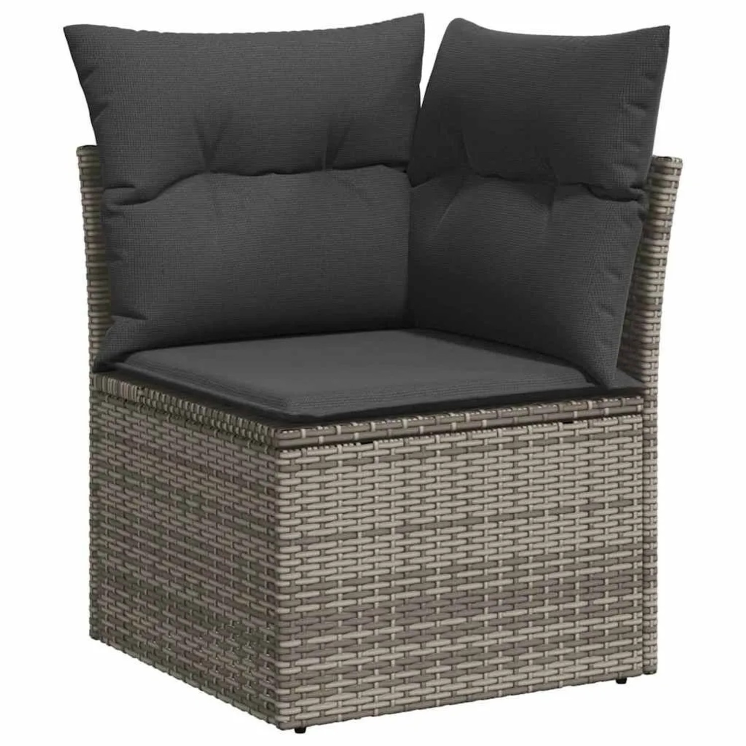 vidaXL Garten Ecksofa Modul aus grau-braunem Poly-Rattan mit dunklen Kissen. Teil einer modularen Essgruppe.