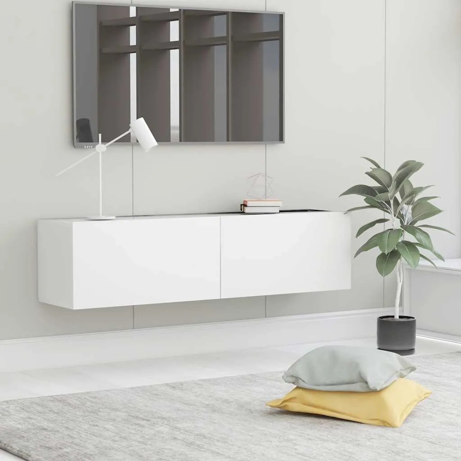 Weißer vidaXL TV-Schrank (120x30x30 cm) aus Holzwerkstoff mit zwei Klapptüren an der Wand.