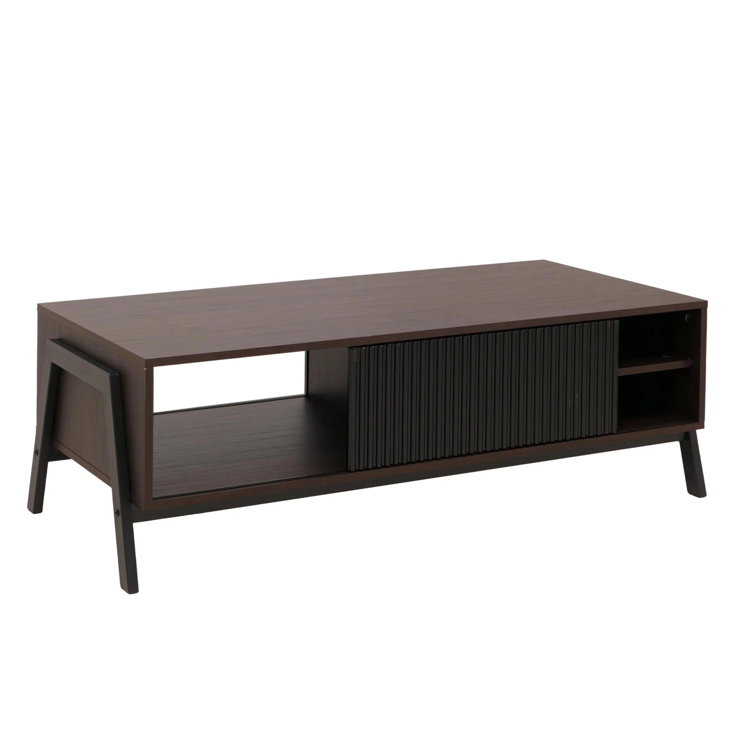 MCW Couchtisch O40 Staufächer Schiebetür MDF Metall Melamin 42x120x60cm Walnuss-Optik