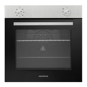 Respekta Einbaubackofen Jannis AB121-26, autarker Elektroherd mit schwarzer Glastür und Edelstahl-Bedienfeld.