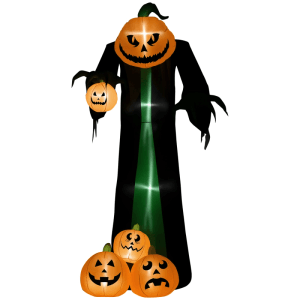 240 cm aufblasbarer Halloween Kürbisgeist mit leuchtendem Kürbiskopf, LED-Beleuchtung und drei Kürbissen.
