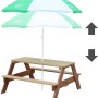 Axi Nick Picknicktisch mit braunem Holzgestell und grün-weißem Sonnenschirm.