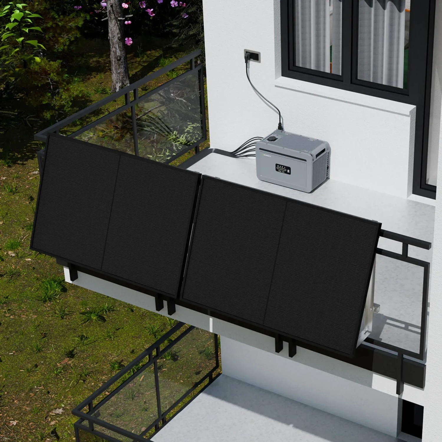 Growatt Balkonkraftwerk Set NEXA 2000 mit Speicher und Full-Black Modulen auf Balkon.