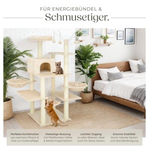 Beiger Tectake Kratzbaum Lilou (165 cm) mit Sisal, Liegemulden, Katzenhaus und Aussichtsplattform.