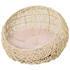 PawHut Katzenbett: Korb aus Rattan mit rosa Kissen für Katzen und kleine Hunde.