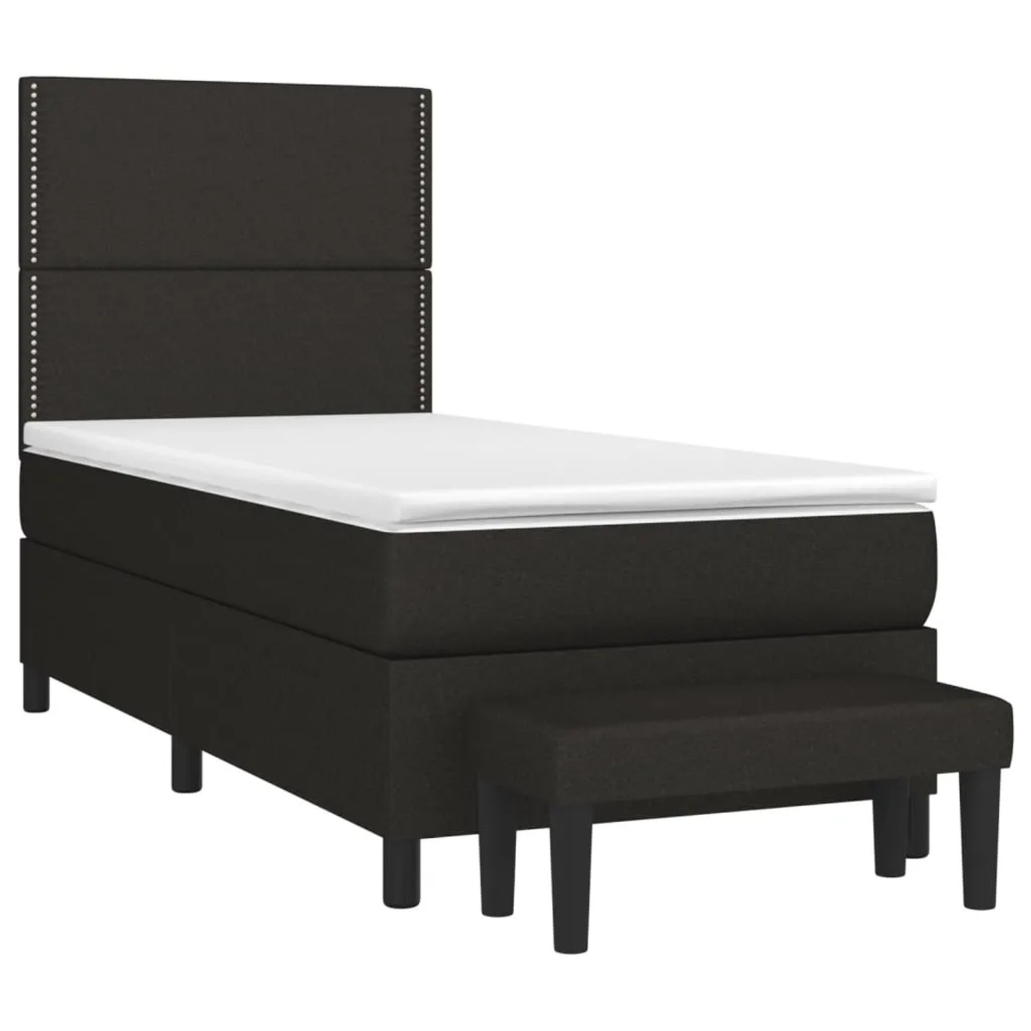 Schwarzes Boxspringbett 90x190 cm mit Matratze und Bank, Stoffbezug.