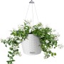 Weiße Lechuza Nindo Cottage Hängeampel (Ø 35cm) mit Pflanzen und integriertem Bewässerungssystem.
