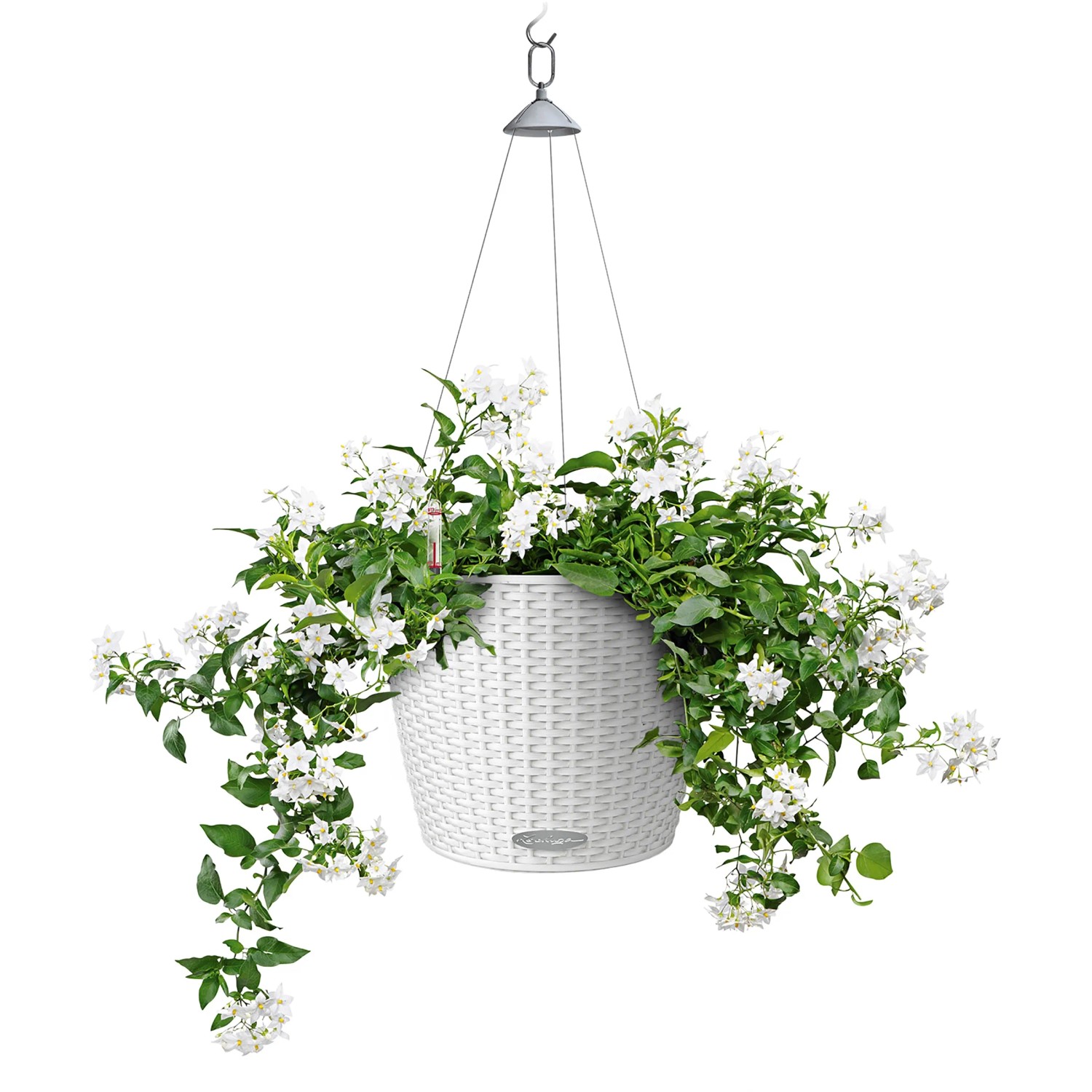 Weiße Lechuza Nindo Cottage Hängeampel (Ø 35cm) mit Pflanzen und integriertem Bewässerungssystem.