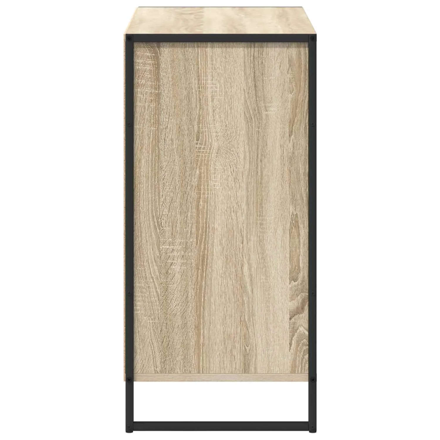 Seitenschrank Sonoma aus Holzwerkstoff mit schwarzem Stahlrahmen, Seitenansicht. Industrieller Wohnzimmerschrank.
