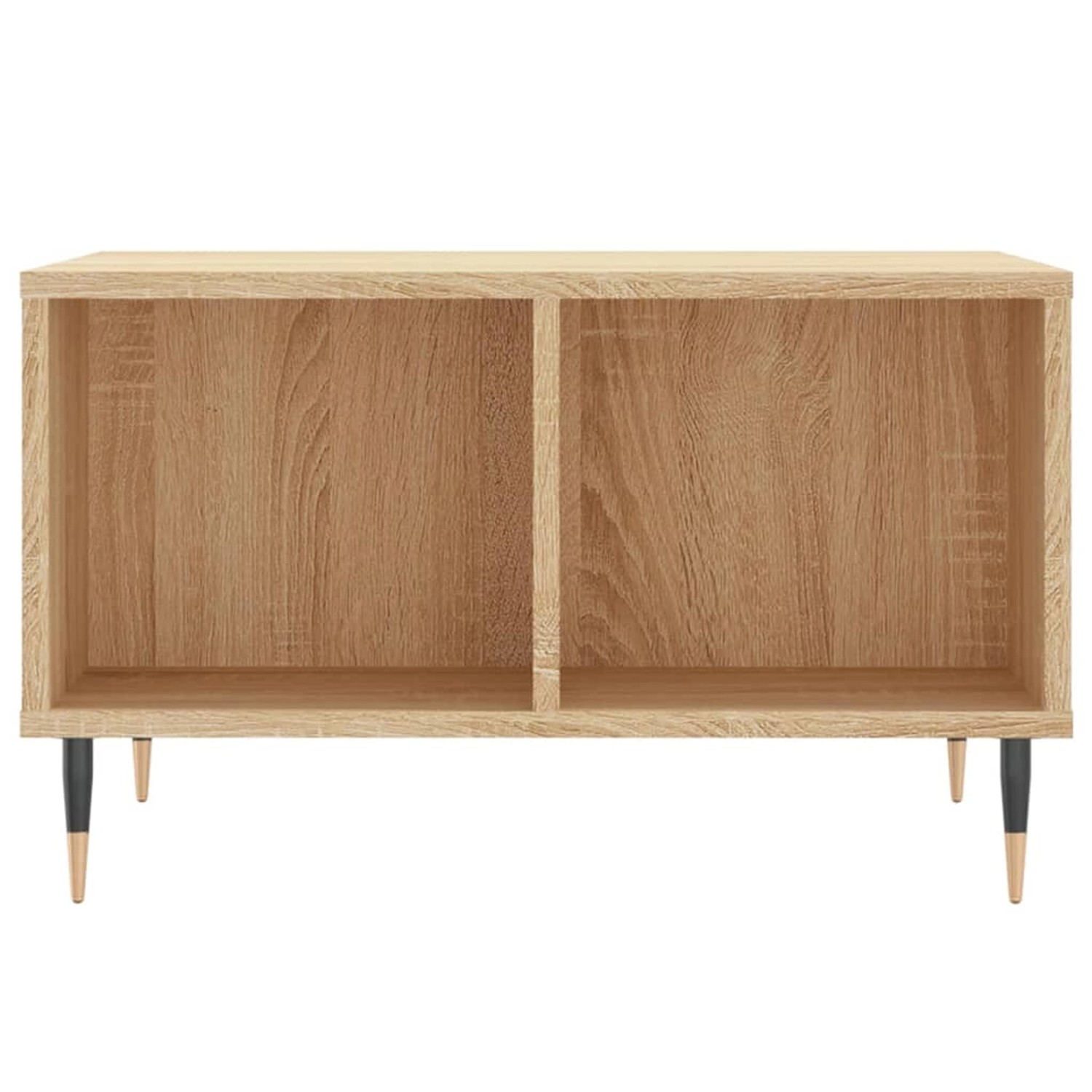 Couchtisch Sonoma-Eiche mit 4 Fächern und Metallbeinen.