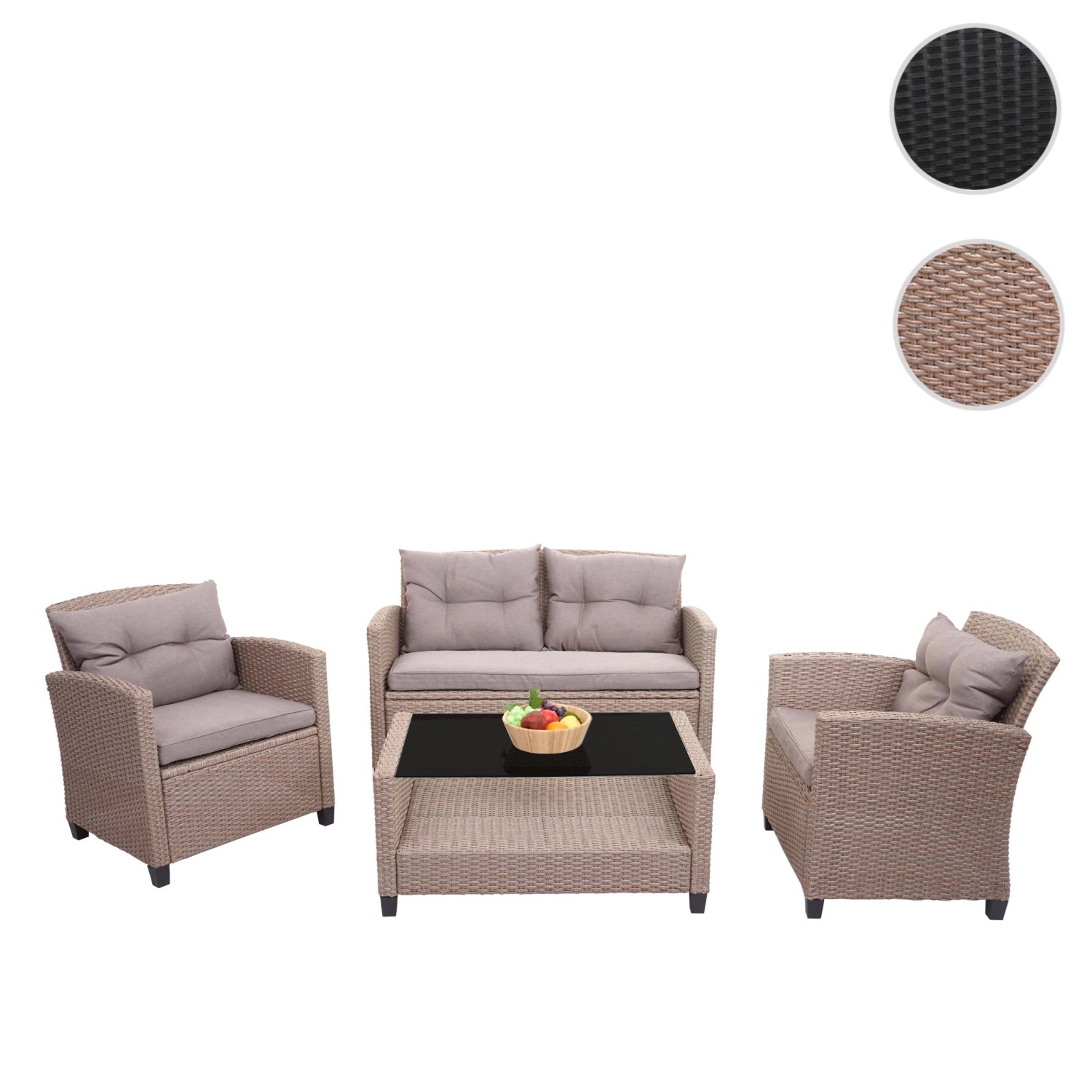 MCW XXL Poly-Rattan Garnitur, 4-teilig, grau-braun, mit Tisch, Bank und Sesseln. Lounge-Gartenmöbel.