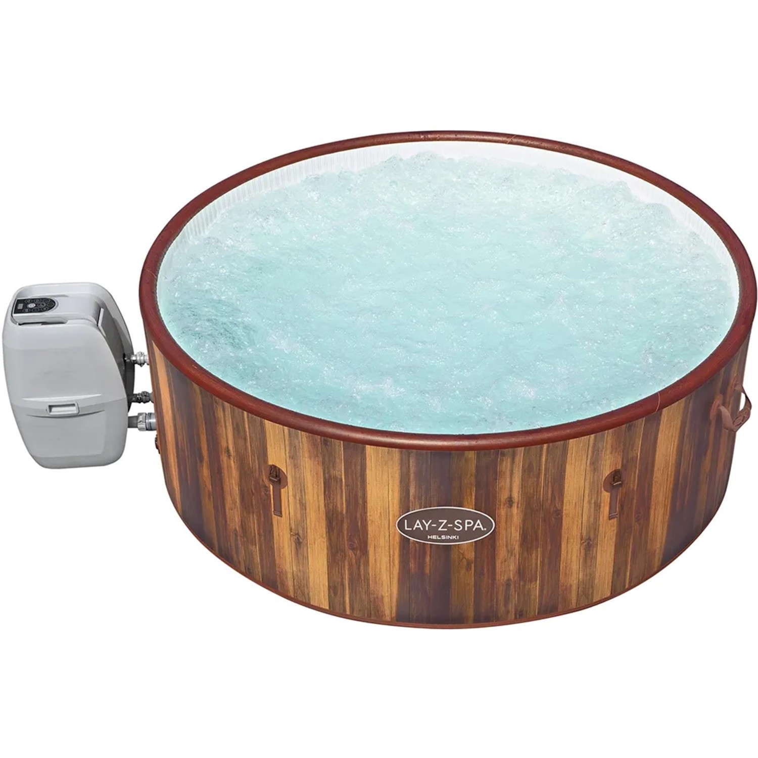 Runder LAY-Z-SPA Helsinki AirJet Whirlpool mit Holzoptik und Pumpe, gefüllt mit Wasser.