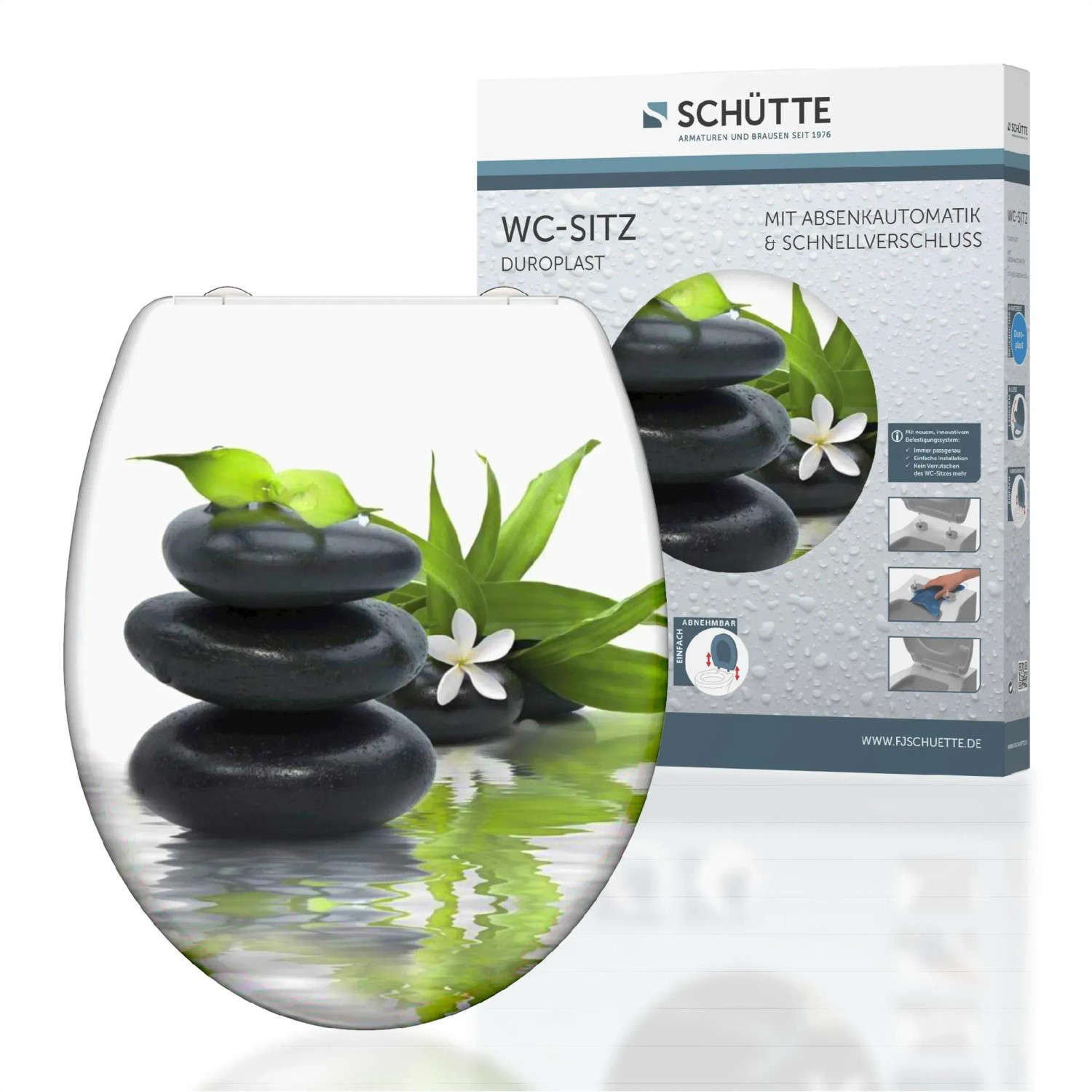 Schütte WC-Sitz Jasmin Duroplast mit Stein-Motiv, Absenkautomatik und Schnellverschluss.