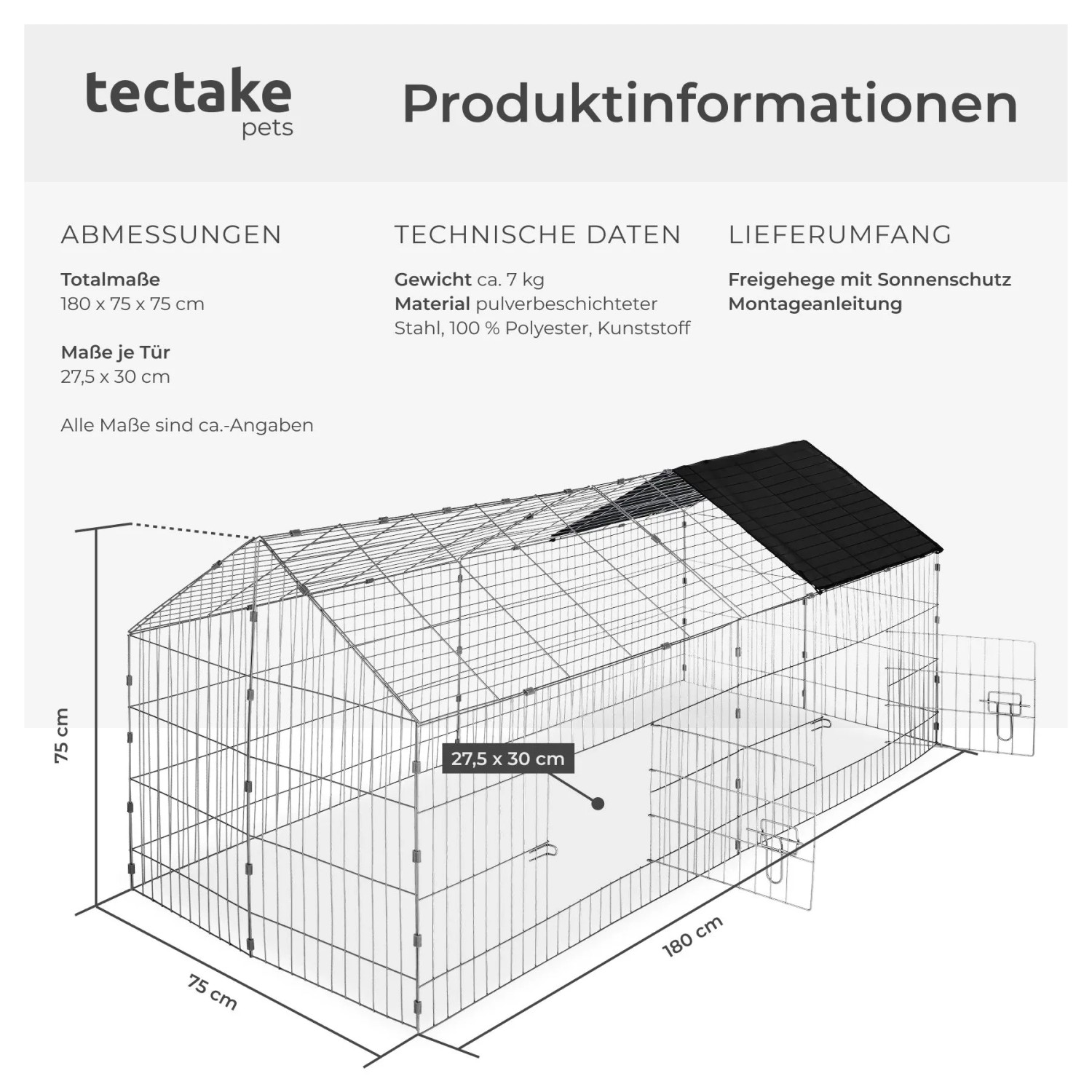 Draufsicht-Illustration: Tectake Freilaufgehege für Kaninchen mit Sonnenschutz, Maße 180x75x75 cm.