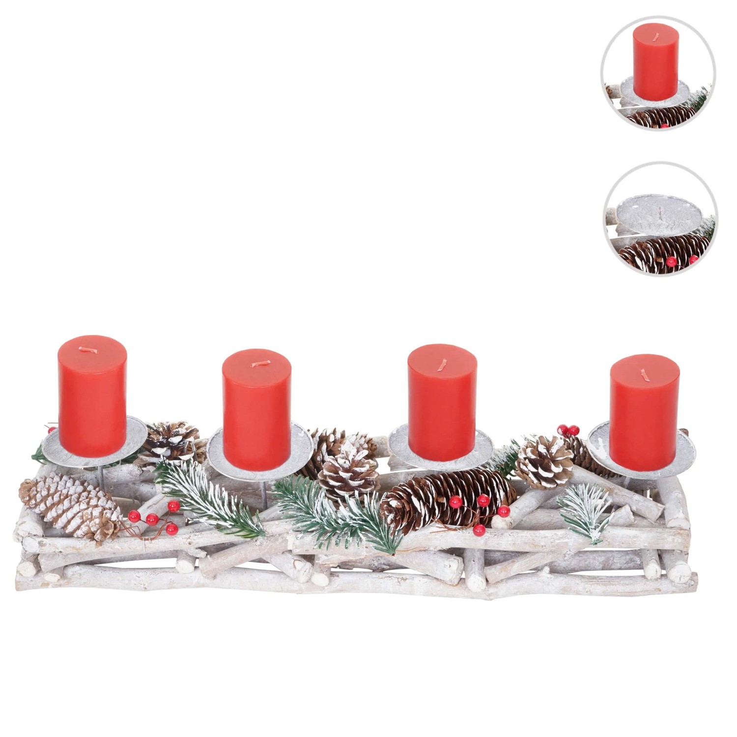 Länglicher Adventskranz aus Holz mit vier roten Kerzen und Tannenzapfen als Weihnachtsdekoration.