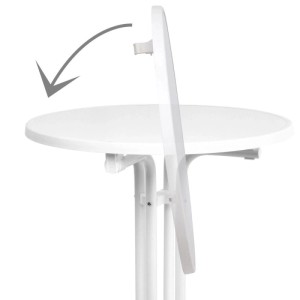 Weißer, runder Beautissu Bistrotisch mit hochgeklappter Tischplatte und Faltpfeil. Ideal für Indoor & Outdoor.
