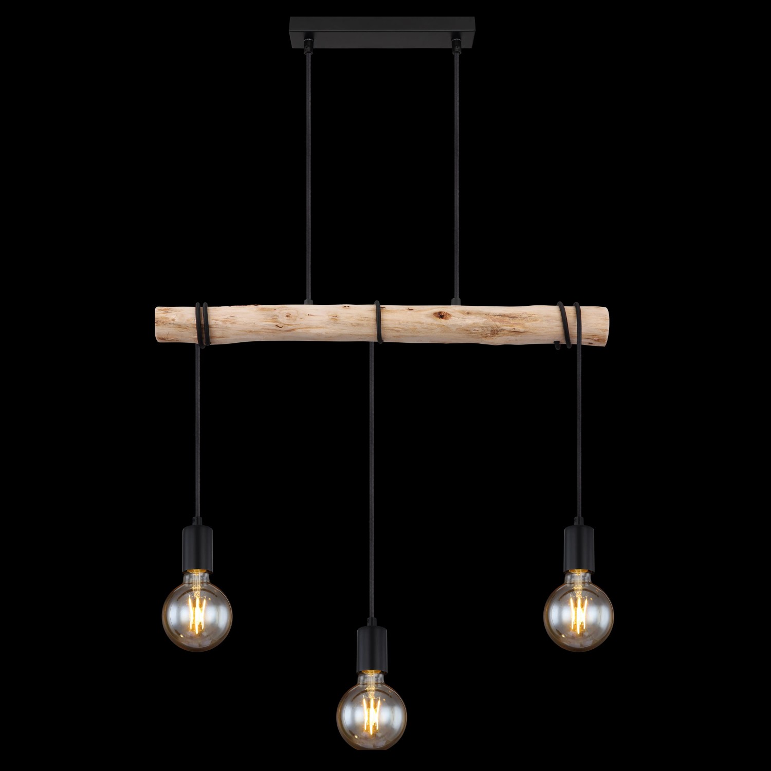 Schwarze 3-flammige Pendelleuchte Gregor mit Holzbalken und E27 Fassungen.