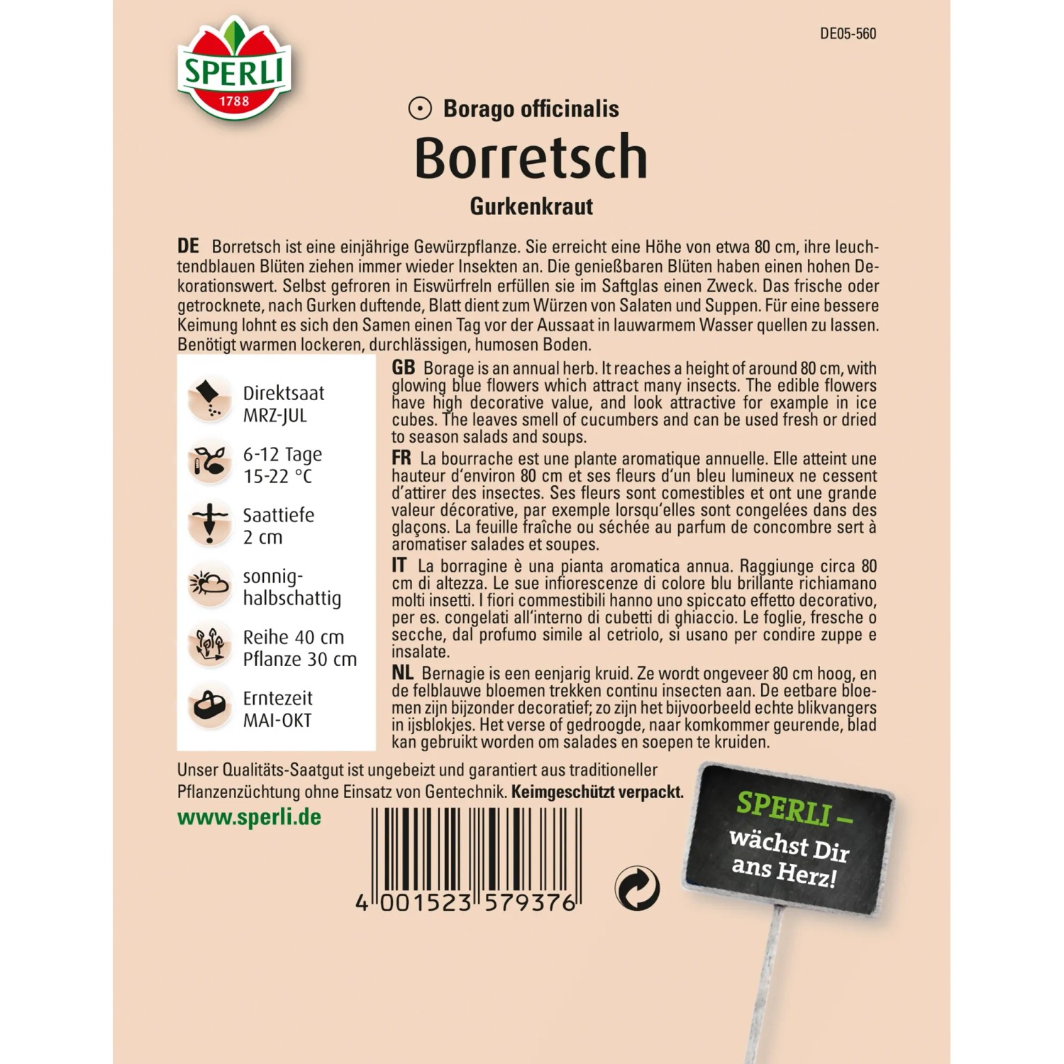 Sperli Borretsch Gurkenkraut Samenpackung mit blauen Blüten und grünen Blättern.